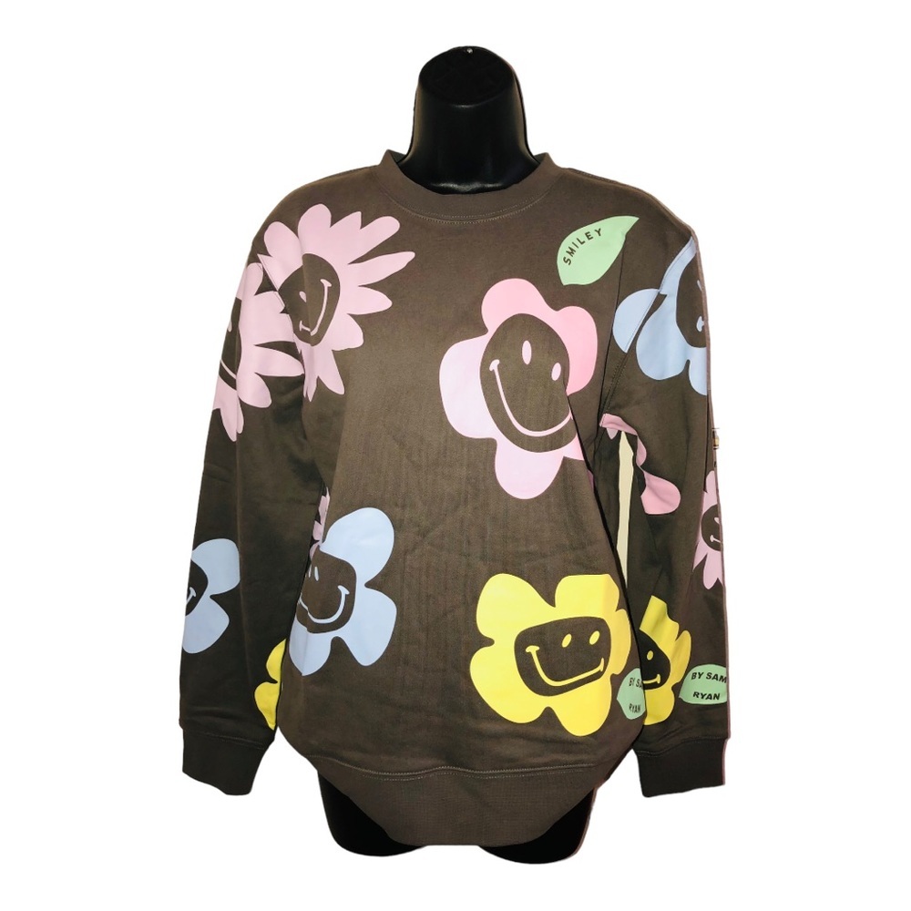 BSR by Samii Ryan dark gray sunflower smiley faces‎ pullover sweatshirt size XS - Picture 9 of 16